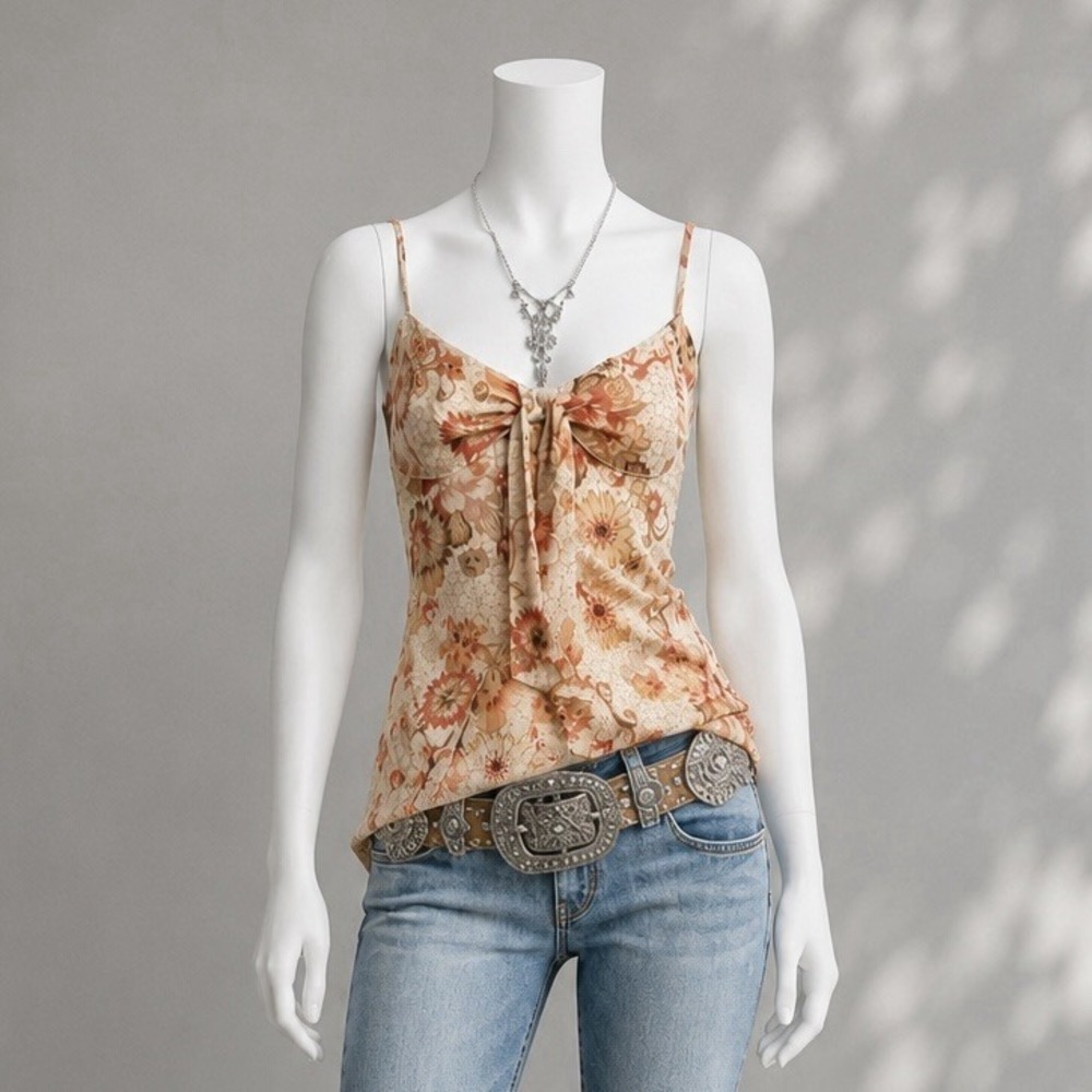 Vintage Y2K Rampage Babydoll Top L Pink Cream Sheer Romantic Floral Fairy Cami